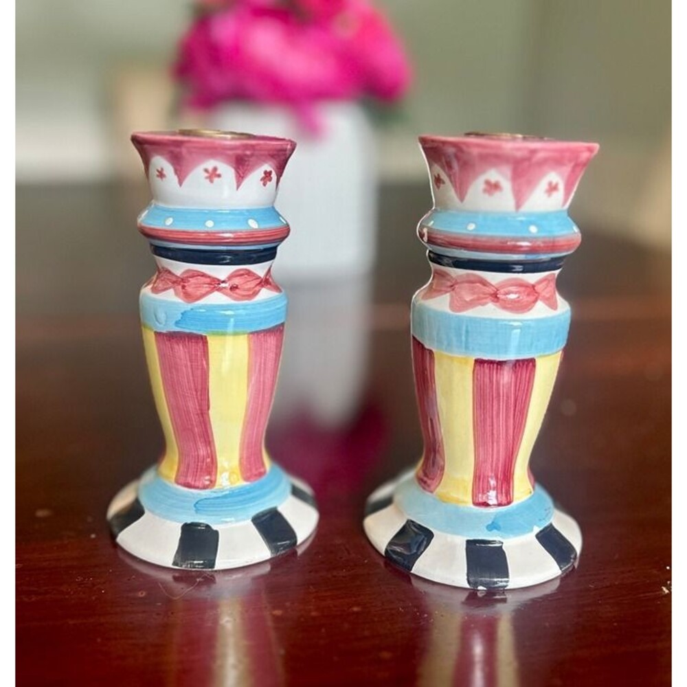 Colorful Hand-Painted Ceramic Candle Holders – Striped, Whimsical, 5” Tall – Set